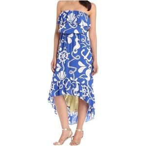 Lilly Pulitzer Strapless High-Low Nautical Anchor Dress Blue White Small